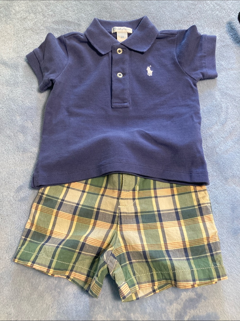Baby Boy Ralph Lauren Navy Polo Shirt with Plaid Green Shorts